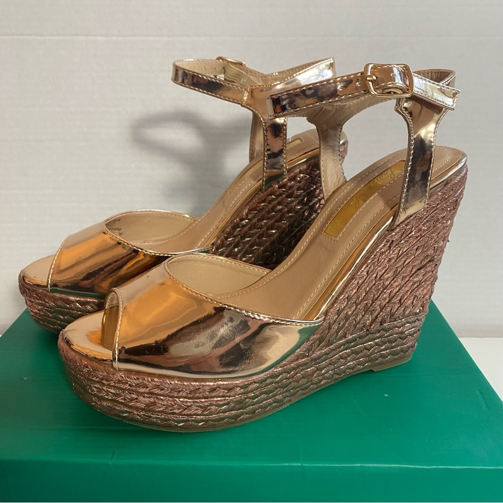 Lauren Lorraine Lina Rose Gold Platform Peep Toe Espadrille Wedge Sandals | 6.5